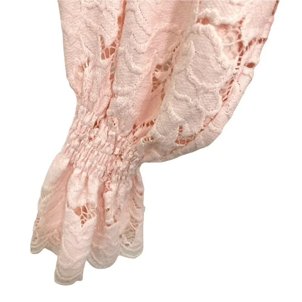 FREE PEOPLE Olivia Lace Top w/Dolman Balloon Poet Sleeves Pink Blush